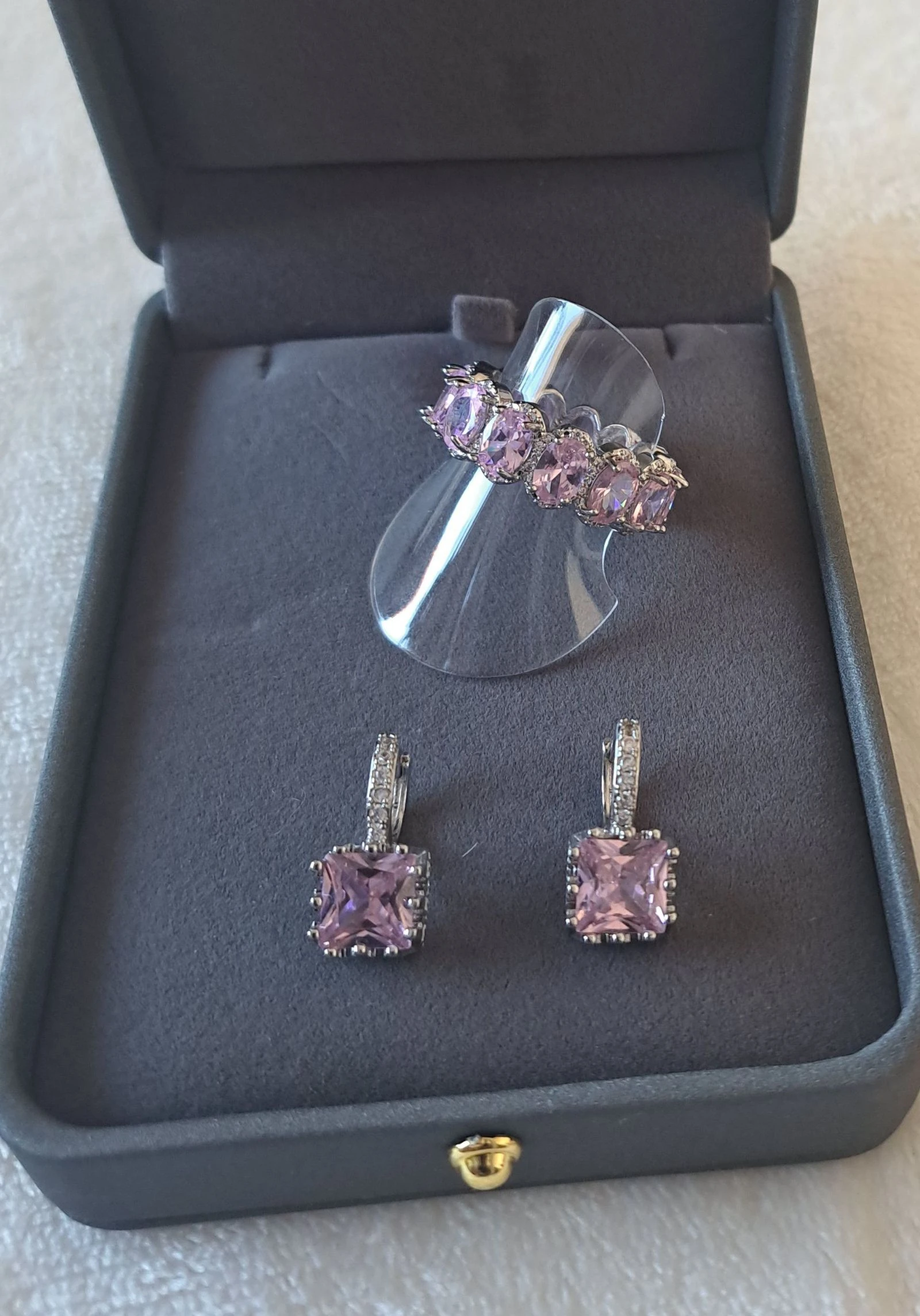 Quiet Luxury Pink Jewelry Set • Ring + Earrings • Silver Stainless Steel • Sparkling CZ